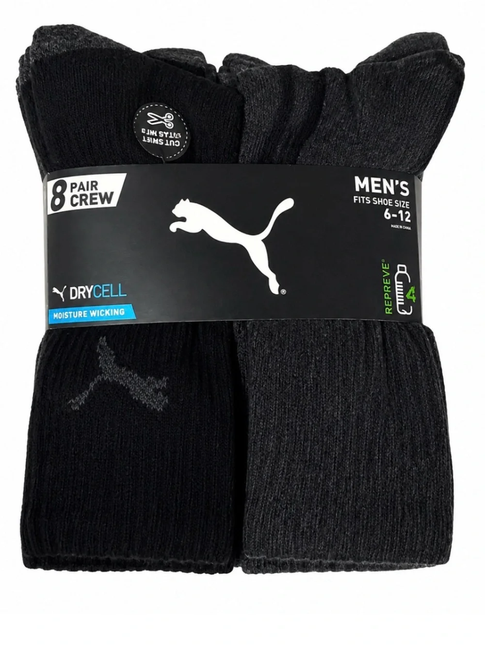 Puma Men's Black & Charcoal Athletic Crew Socks - 8 Pair Pack
